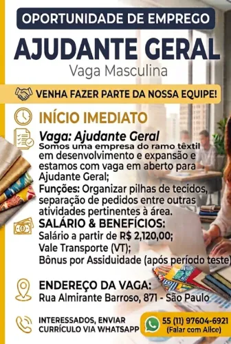 Ajudante Geral - Masculino - INÍCIO IMEDIATO