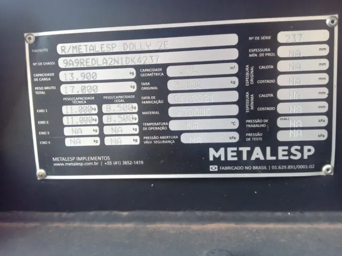 Dolly 2 eixos Metalesp semi.nova sem pneus....valor 52 mil