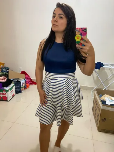 Saia listrada azul e branco babados Neopreme feminina evangélica até o joelho lycra