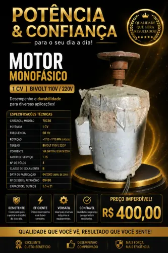 Motor Monofásico 110v220v 1CV baixa rotação