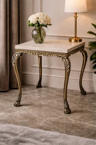 Mesinha Lateral Antiga em Metal Dourado e Tampo Mármore Estilo Travertino