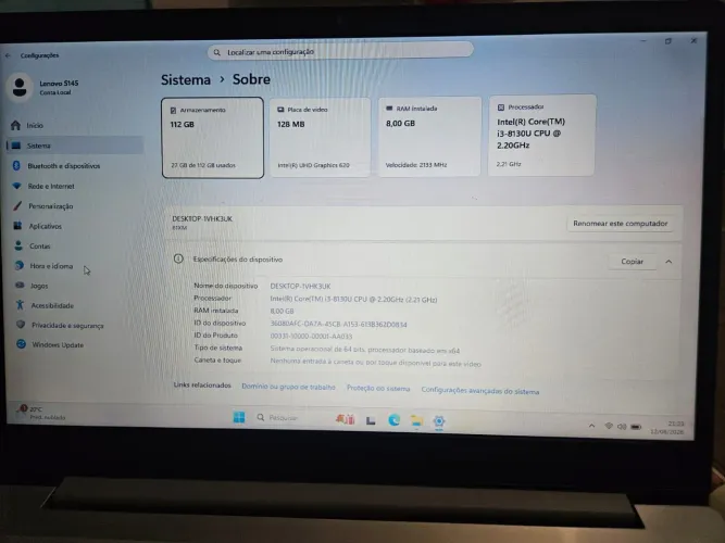 Notebook i3 8° geração + 8Gb RAM + SSD