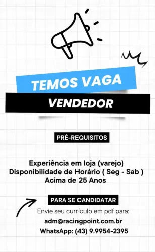 VAGA: AUXILIAR DE VENDAS E VENDEDOR(A)