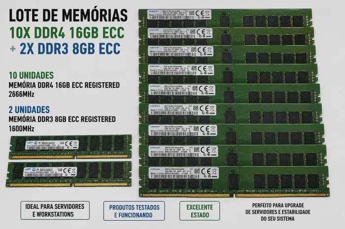 Lote de 10 Memórias RAM 16 GB DDR4 e 2 Memórias DDR3 8GB ECC - R$ 3.300,00