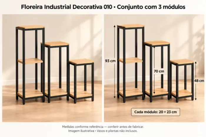 Conjunto de 3 floreiras industriais em alturas diferentes