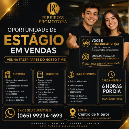 Vaga de estágio para consultor comercial com ou sem experiência.