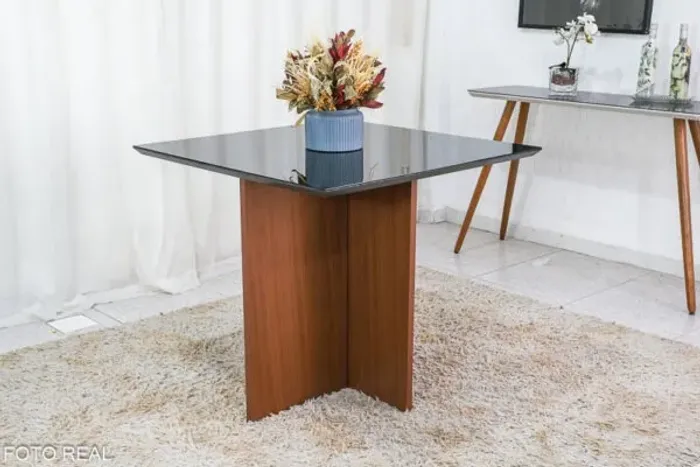 Mesa Jantar Helo 90×90 Base Mel Tampo Grafite Vidro Preto Até 12x - Frete Grátis