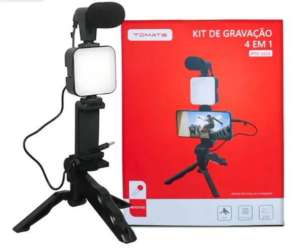 Kit Gravaçao 4 Em 1 Com Microfone, Led, Suporte Celular