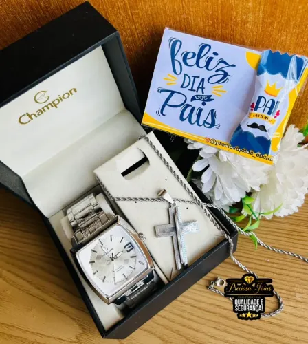 Conjunto Relógio + Corrente Cruz Semijoia