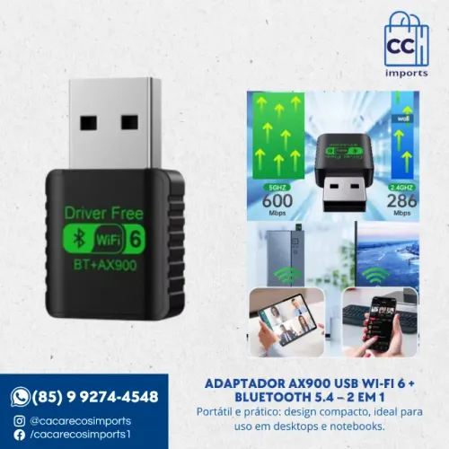 Adaptador AX900 USB Wi-Fi 6 + Bluetooth 5.4 - 2 em 1