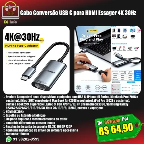 Cabo Conversão USB C para HDMI Essager 4K 30Hz