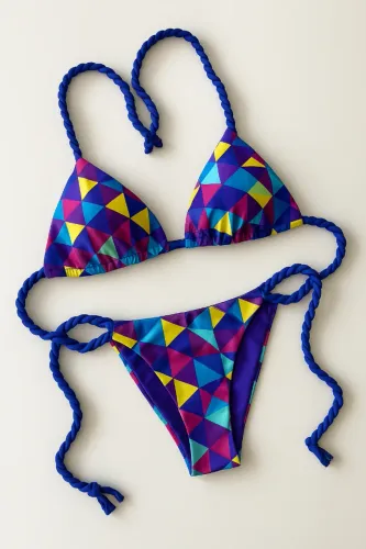 Conjunto Biquíni amarração cortininha colorido estampado com alças trançadas - NOVO - Tam