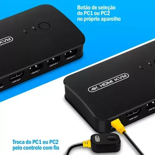 Chaveador Kvm Hdmi Usb 4k Para 2 Pcs Com Cabos E Controle