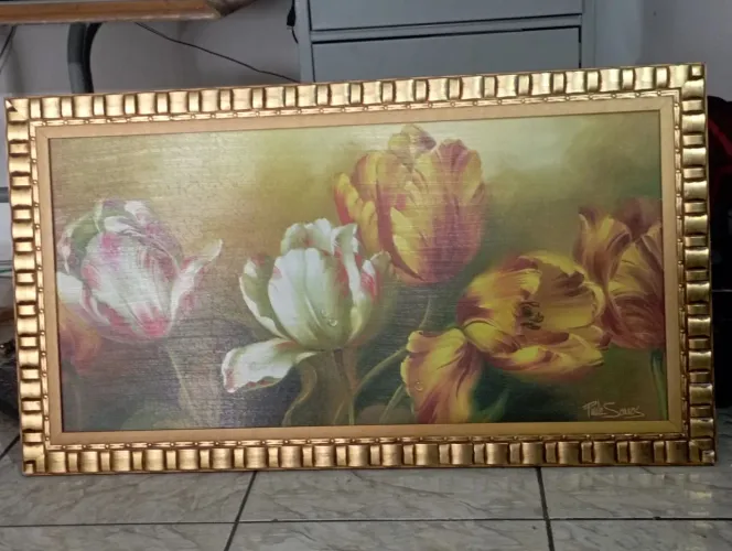 Quadro pintado a mão, Decorativo de Tulipas com Moldura Dourada