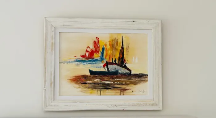 Quadro de pintura a óleo de barcos à vela