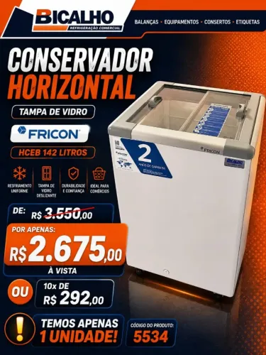 FREEZER 142LITROS FRICON TAMPA DE VIDRO - PRODUTO DE MOSTRUÁRIO