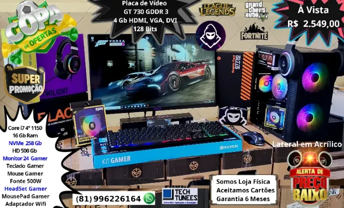 PCs Gamer Completos - Core i5, Core i7 - 12Gb, 16Gb Ram - 360 Gb - Monitor 24- Placa video