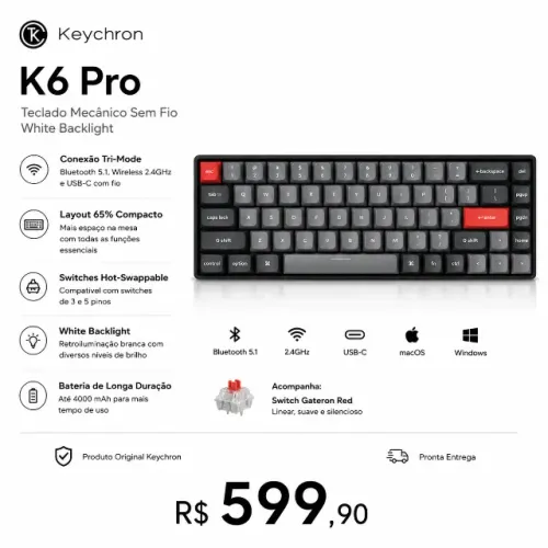 Teclado Keychron K6 Pro Wireless Mecânico White Backlight