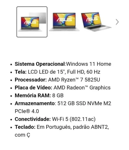 Notebook Asus Vivobook AMD Ryzen 7 5825U 8GB RAM 512GB SSD
