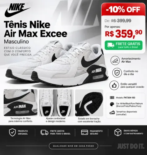 Tênis Nike Air Max Excee Masculino 38 Branco/Preto - Novo com Caixa
