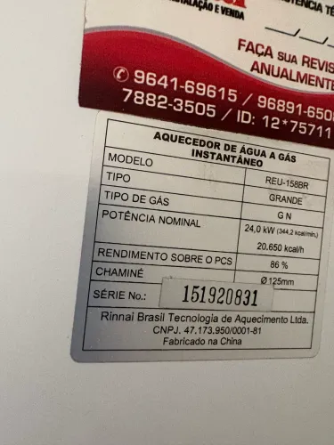 Aquecedor Rinnai 15L perfeito estado