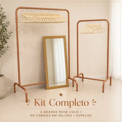 Kit Completo - 2 Araras Rose Gold + 50 Cabides de Veludo + Espelho