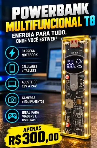Powerbank T8 20.000mAh 65W ? Tensão Ajustável 3,3V a 24V | Notebook, Celular e Roteador