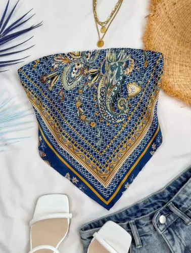 Top faixa vintage azul estampado