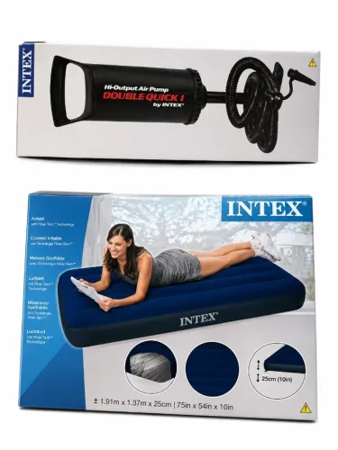 Colchão Inflável Solteiro Intex Original + Bomba Manual Double Quick Camping