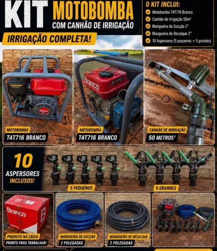 KIT DE IRRIGAÇÃO COMPLETO - MOTOBOMBA BRANCO T4T716 + CANHÃO DE IRRIGAÇÃO