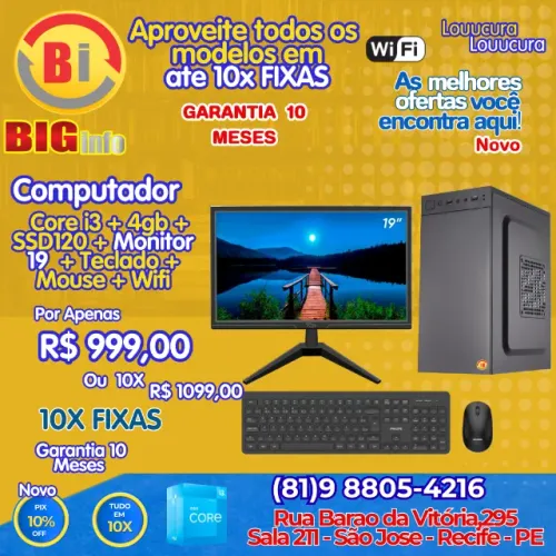 Computador Completo Intel Core I3, 4gb Ram, Ssd 120gb, Monitor Led 19 Hdmi - Em ate 10x