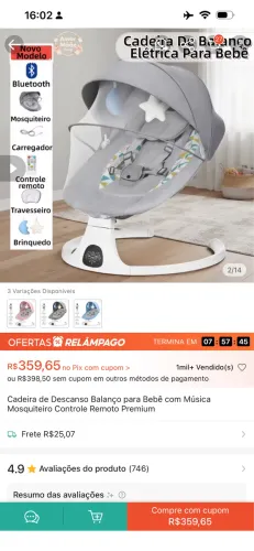 Cadeira de Descanso Balanço para Bebê com Música Mosquiteiro Controle Remoto Premium