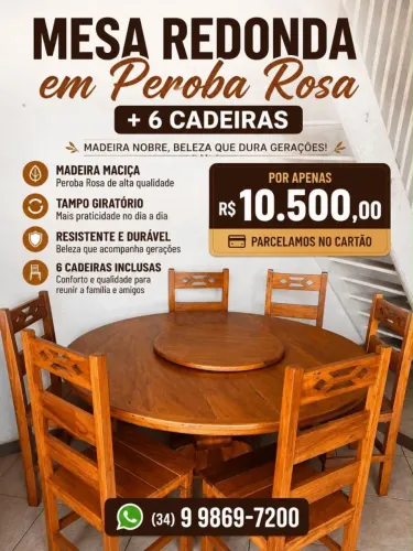 Mesa redonda em peroba rosa com 6 cadeiras