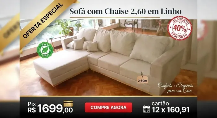 Sofá com chaise 2,60 em linho promoção