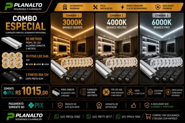 50m Perfil de led + 10 fitas 240leds 4000k + 3 Fontes 50A SLIM 220V 650W