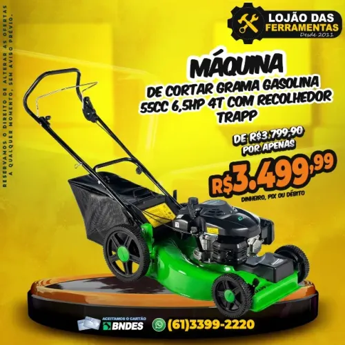 Máquina de Cortar Grama Gasolina 55cc 6,5Hp 4T Com Recolhedor Trapp