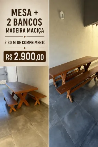 Mesa + 2 bancos Madeira Maciça