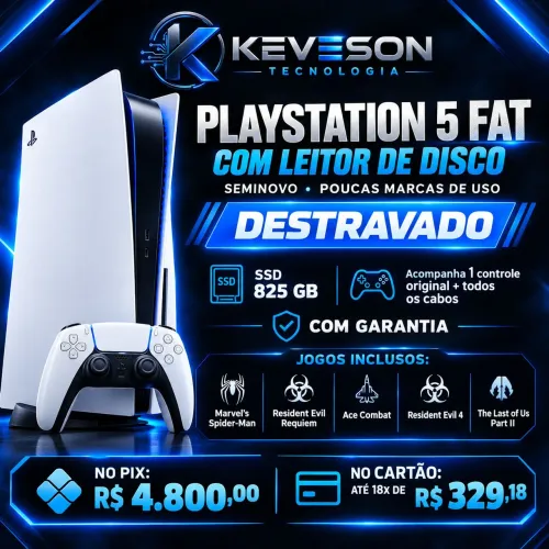 PS5 FAT Destravado 825GB com Leitor + Controle Original