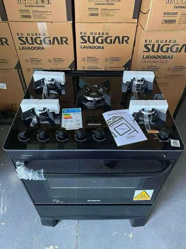 Fogão SUGGAR Max Glass Tripla Chama 5 Bocas Preto - Novo