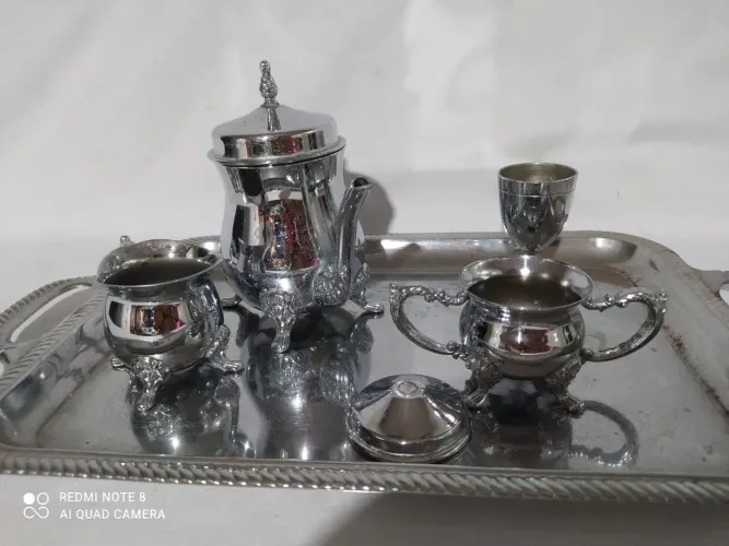 Lote 5 peças inox bule açucareiro cálice jarrinha bandeja LEIA A DESCRIÇÃO