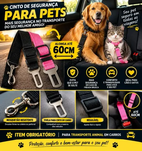 Cinto de segurança pet conta com regulagem chegando até a 60cm