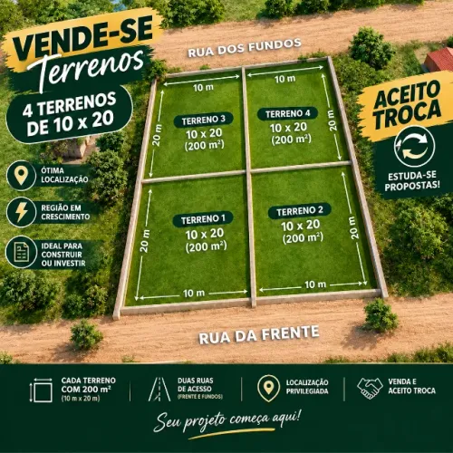 Venda de 4 lotes de terreno 10x20 cada. Aceito troca(Pós analise)