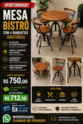 Mesa Bistrô Área Gourmet com 4 Banquetas Giratórias