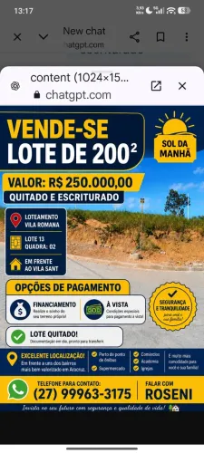 Lote 200² em Aracruz,és,250 mil