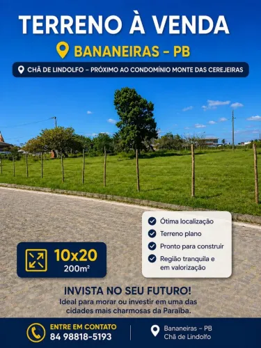 Terreno à venda em Bananeiras/PB
