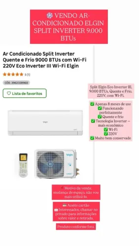 Ar condicionado Elgin! 9.000 BTU / 220v. Apenas 8 mes de uso.