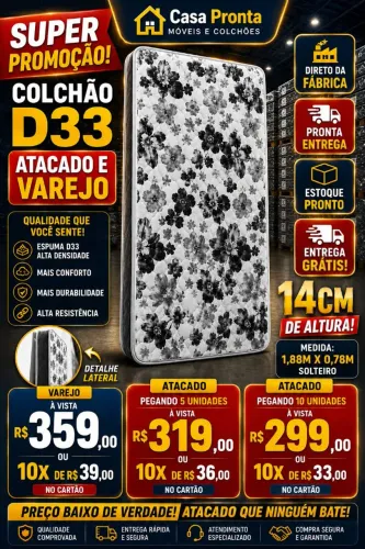 Colchão D33 Solteiro 78x188 | Atacado e Varejo | Entrega Grátis