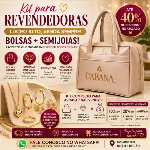 Kit Revenda Bolsa Cabana + Semijoias Banhadas a Ouro | Até 40% OFF