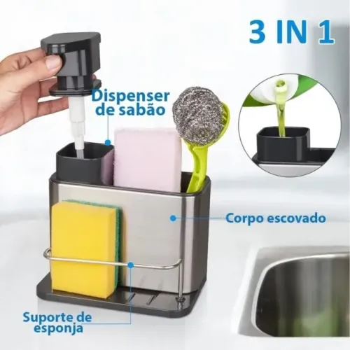 Porta Detergente E Esponja Em Aço Inox Com Dispenser 3 Em 1
