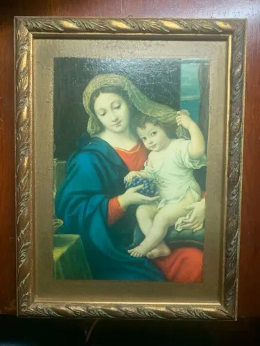 Pintura "Madonna del Grappolo" com moldura em relevo